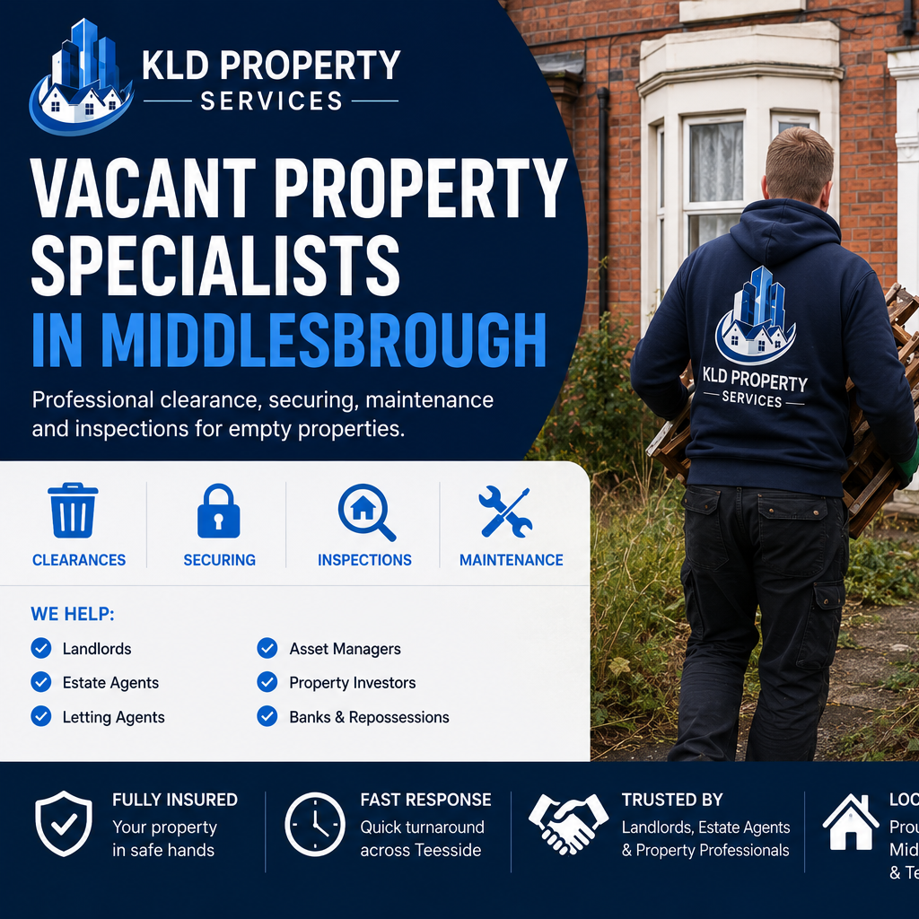 KLD Property Services Man carrying wooden planks outside a property services business in an urban area.