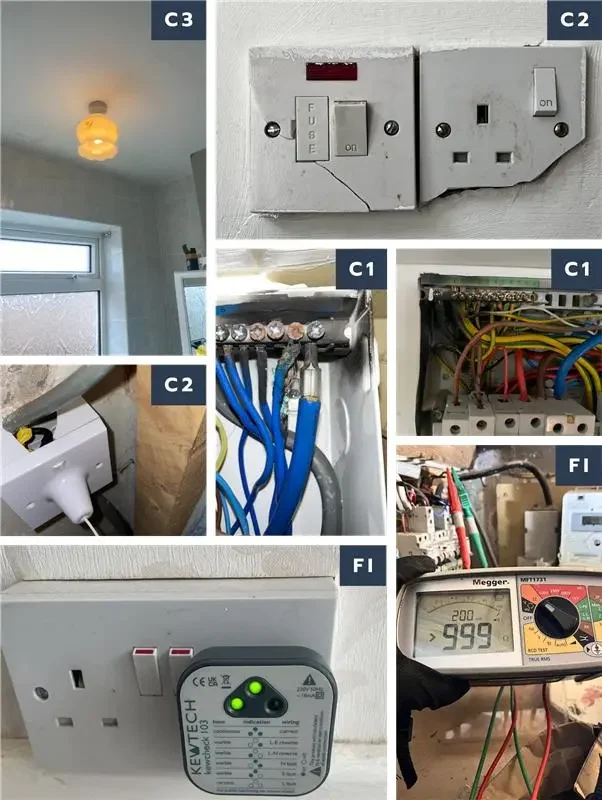 Various electrical installations and components, including sockets, wires, and a lamp.